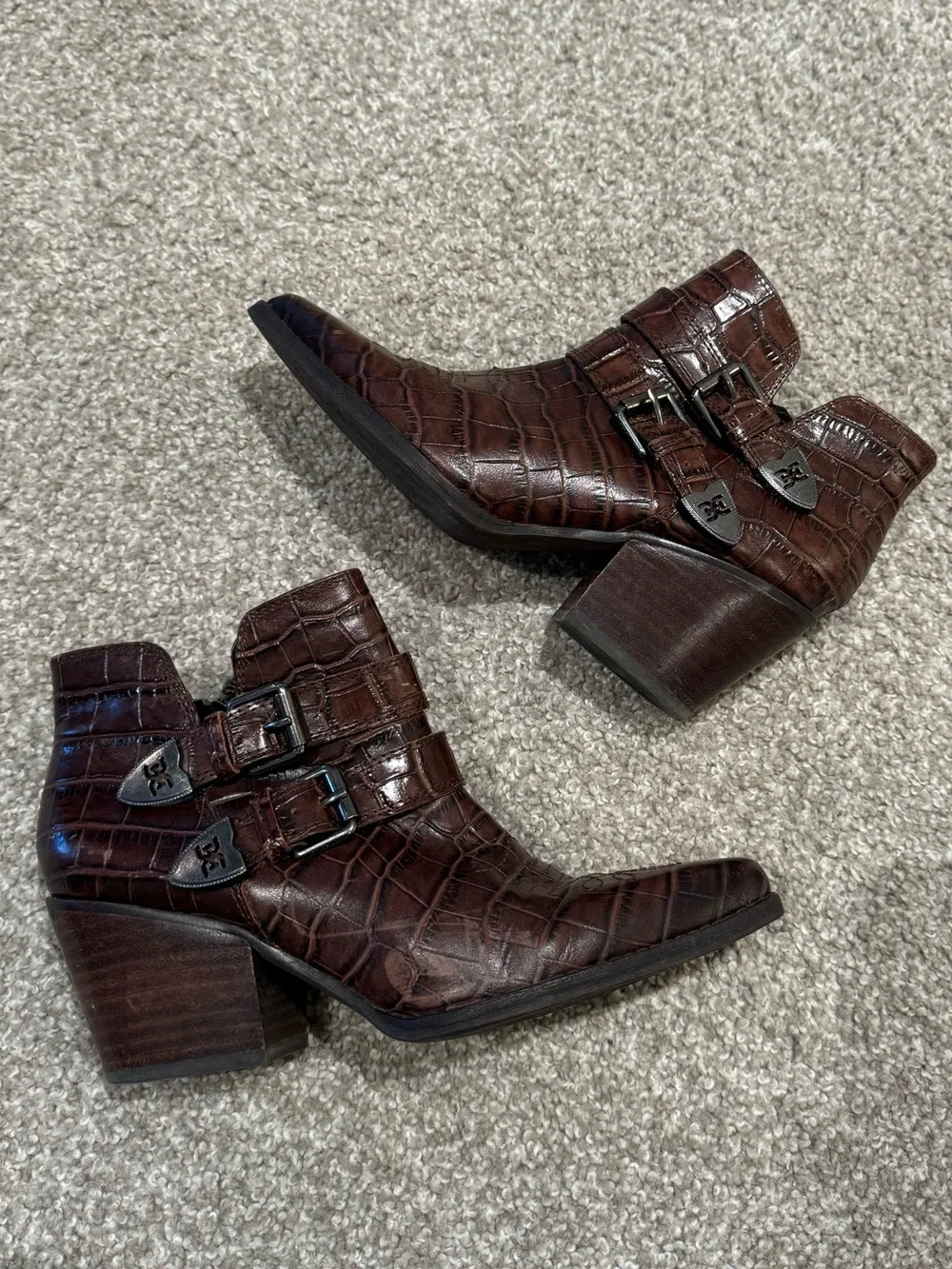 Sam Edelman Dark Brown Croc-Embossed Buckle Ankle Boots